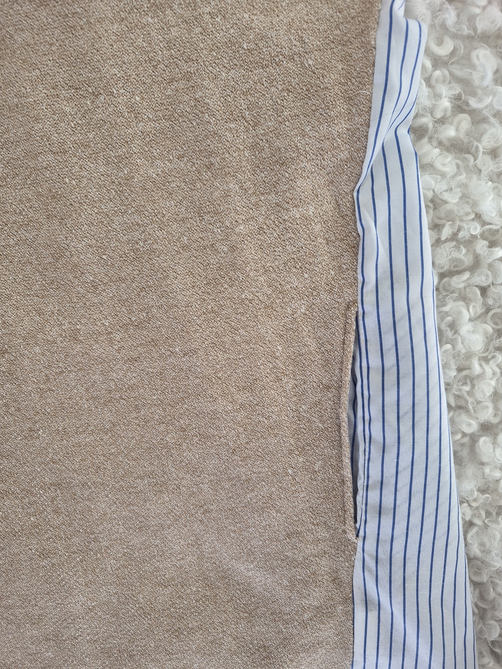 Korean Mixed Media Hooded Tunic Dress Beige Knit Blue Stripe Layered FIts M/S - Picture 8 of 11